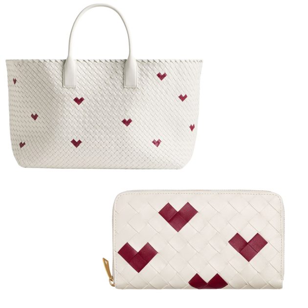 Bottega Veneta white bag and wallet with small red hearts