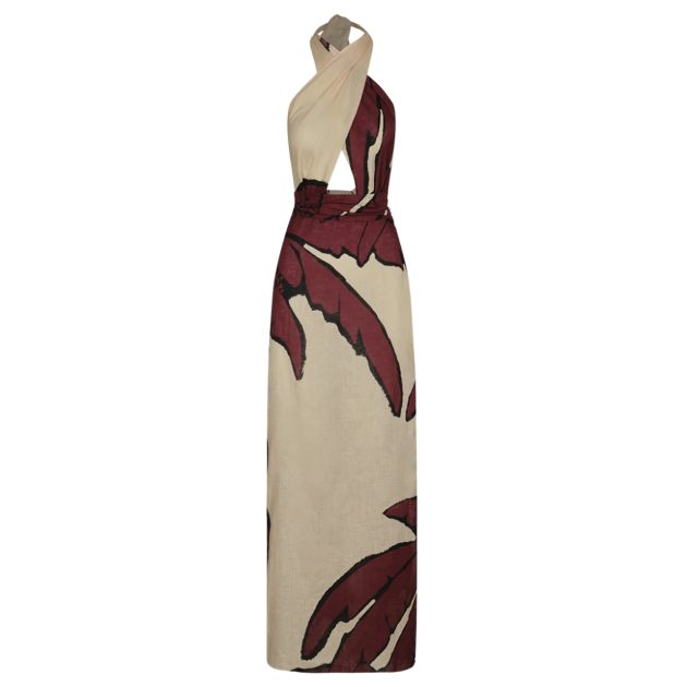 Johanna Ortiz halter dress with red and cream leaf print