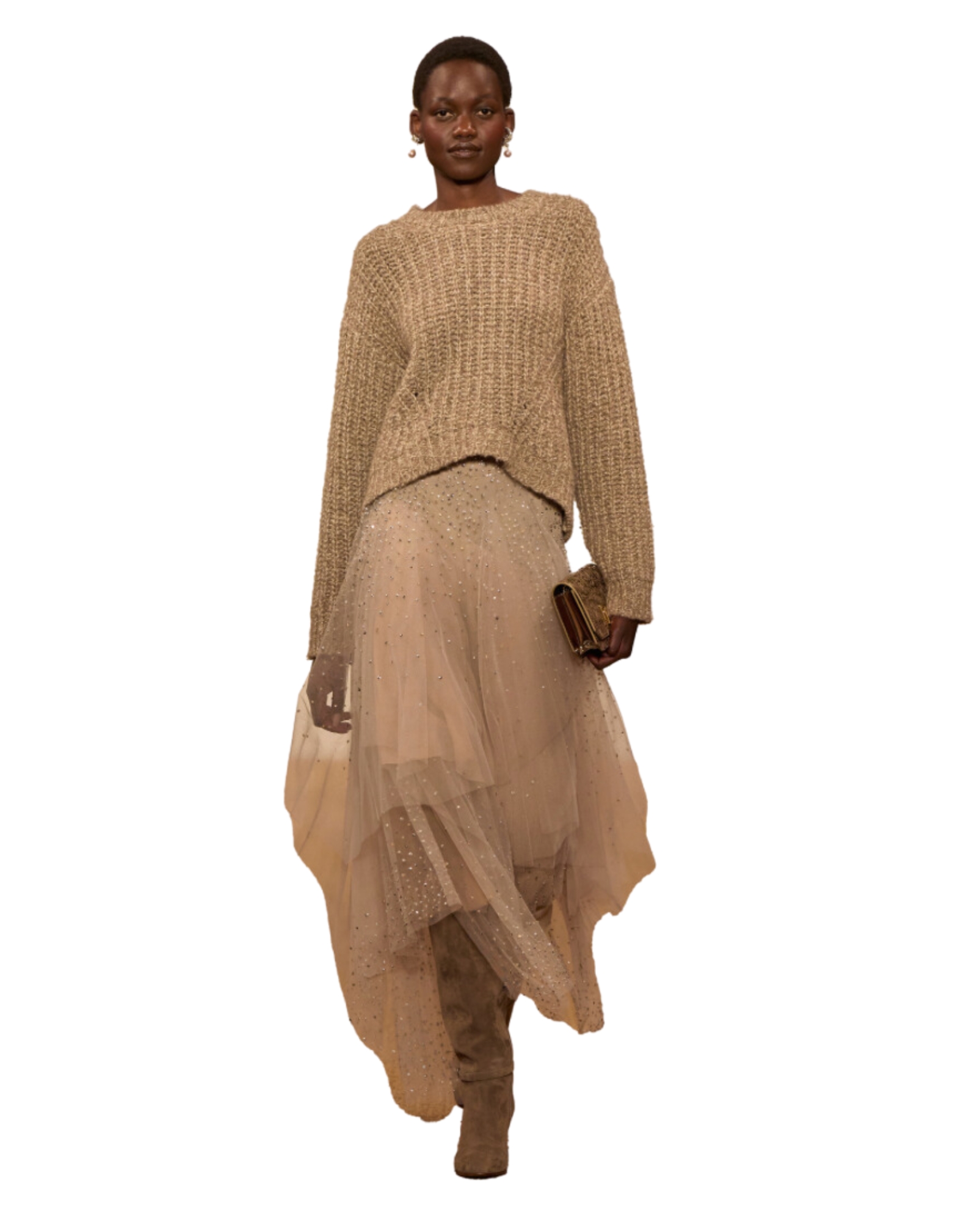 Ralph Lauren model wearing a gold knit sweater and tull skirt