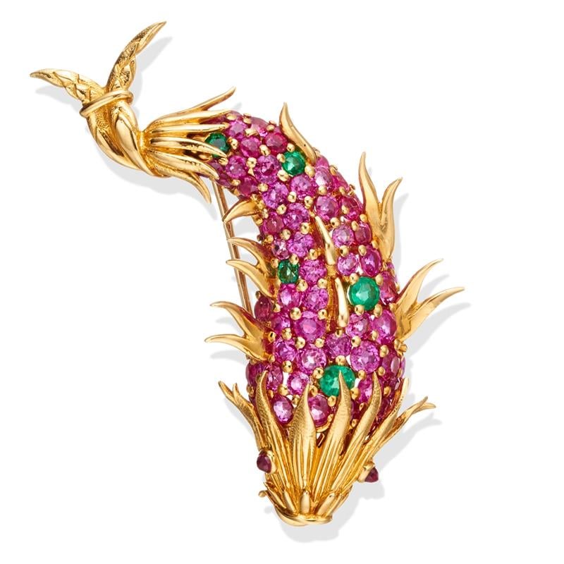 Tiffany & Co. fish clip in gold with pink and green gemstones