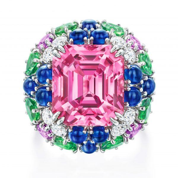 Limited Edition Harry Winston pink Pink Spinel Ring with Tsavorite Garnets, multi-colored Sapphires and Diamonds from the Candy Collection