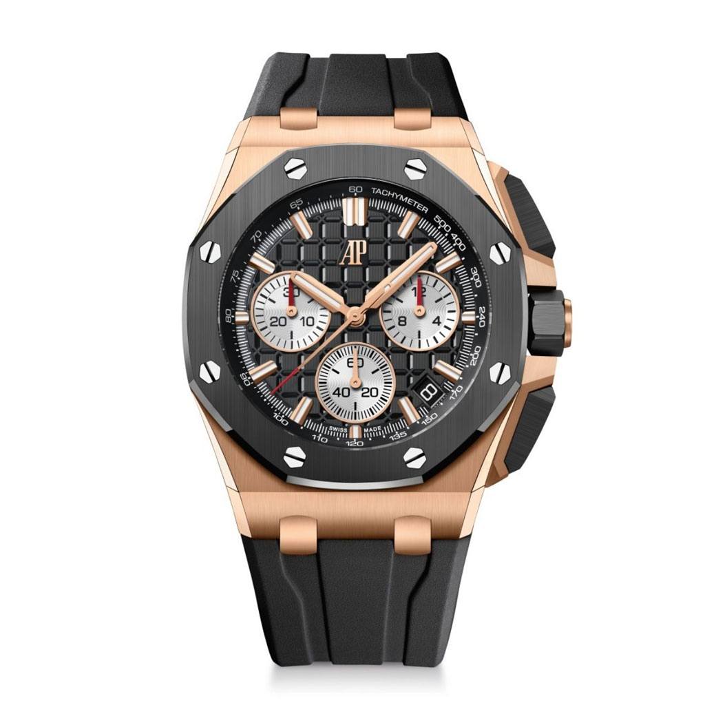 Audemars Piguet men’s watch in pink gold and black rubber strap