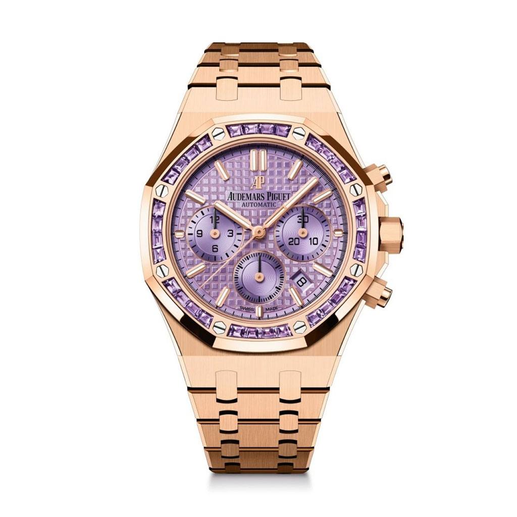 Pink gold watch with purple face