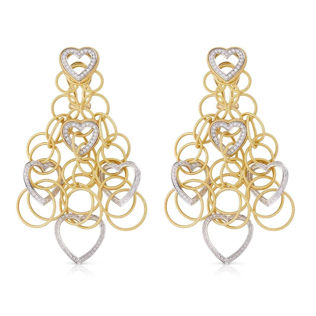 Earrings in yellow gold, diamonds, and heart shaped stone