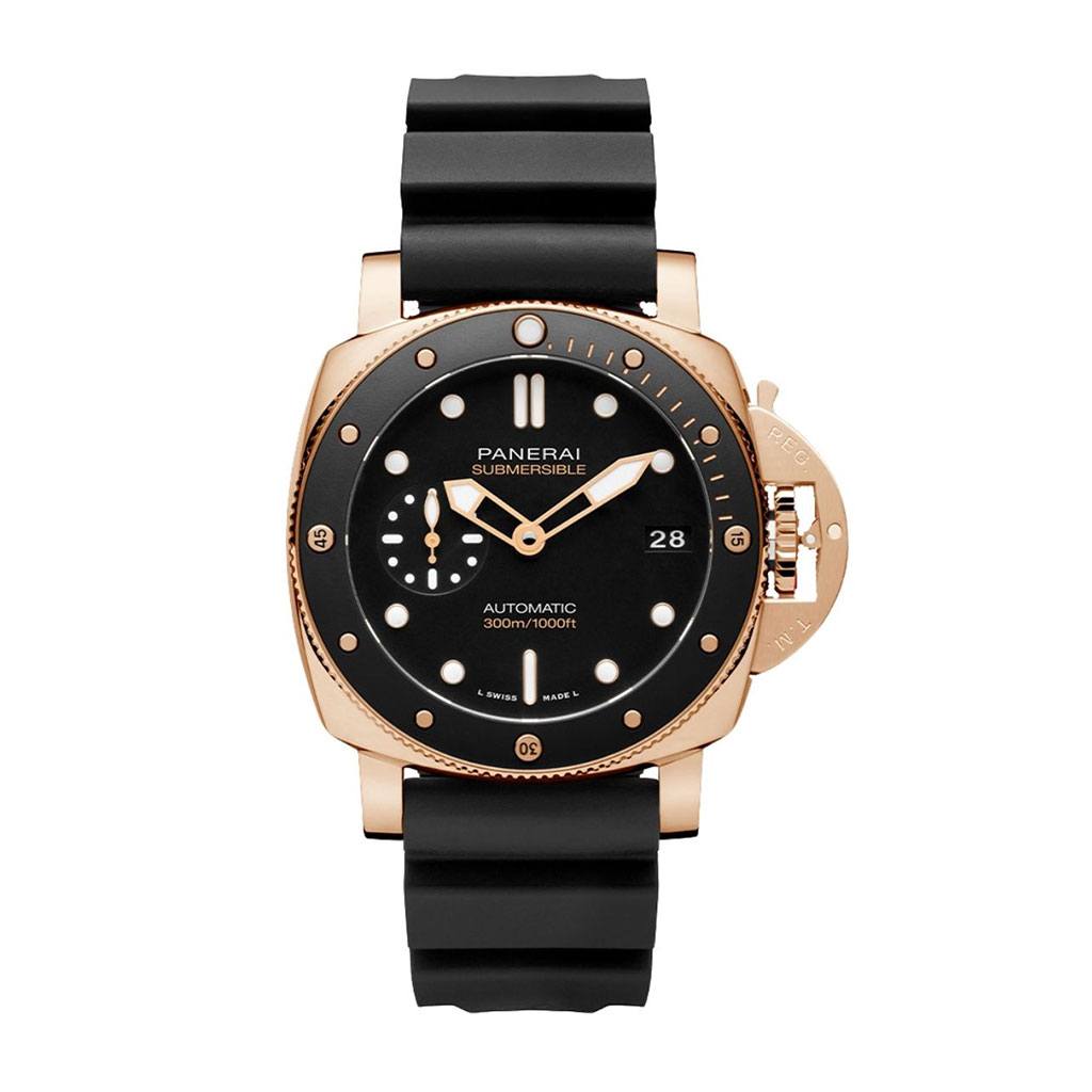 Panerai gold watch with black band and black face