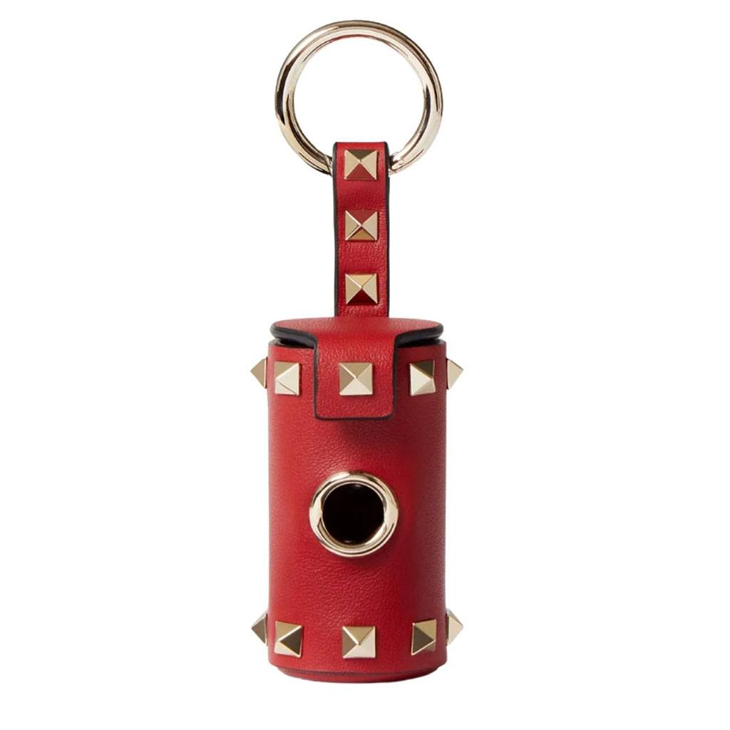 Red leather waster bag holder with metal stud detailing