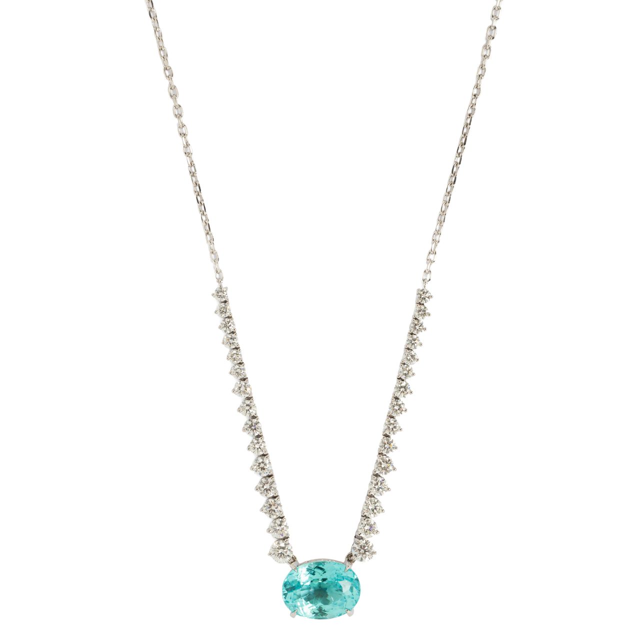 Paraiba tourmaline River Chain necklace with white diamonds in 18k white gold. Paraiba tourmaline with certificate.
