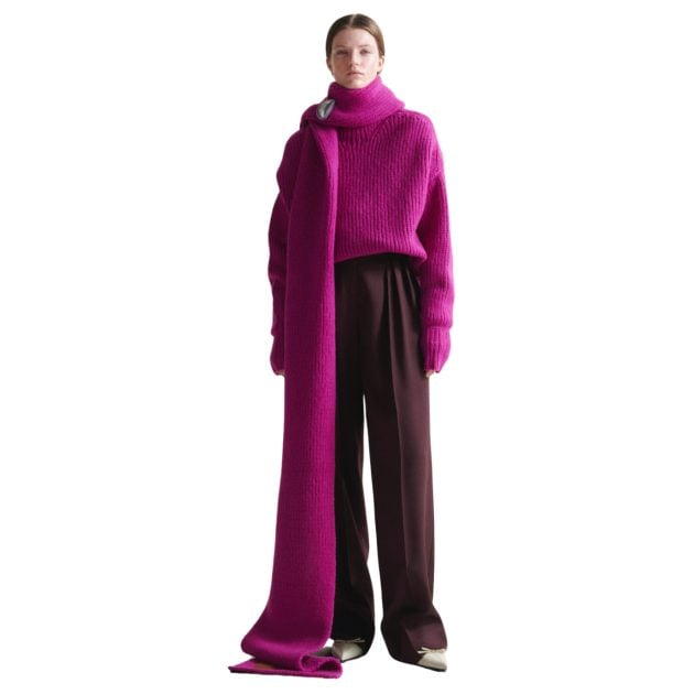 Lanvin model wearing a oversized fuschia scarf and purple pants