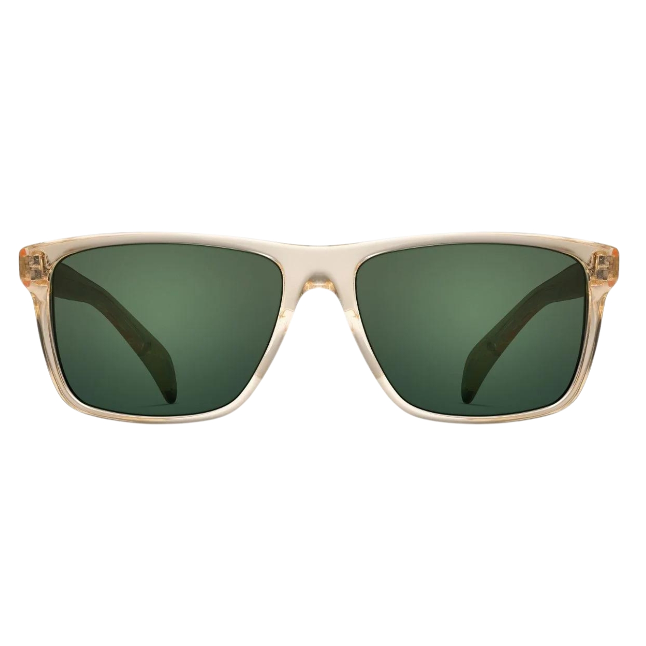 Beige framed sunglasses with green lenses