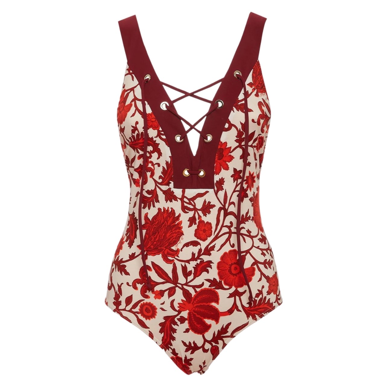 Orelbar Brown x La DoubleJ one piece swimsuit with red floral pattern and criss cross neckline