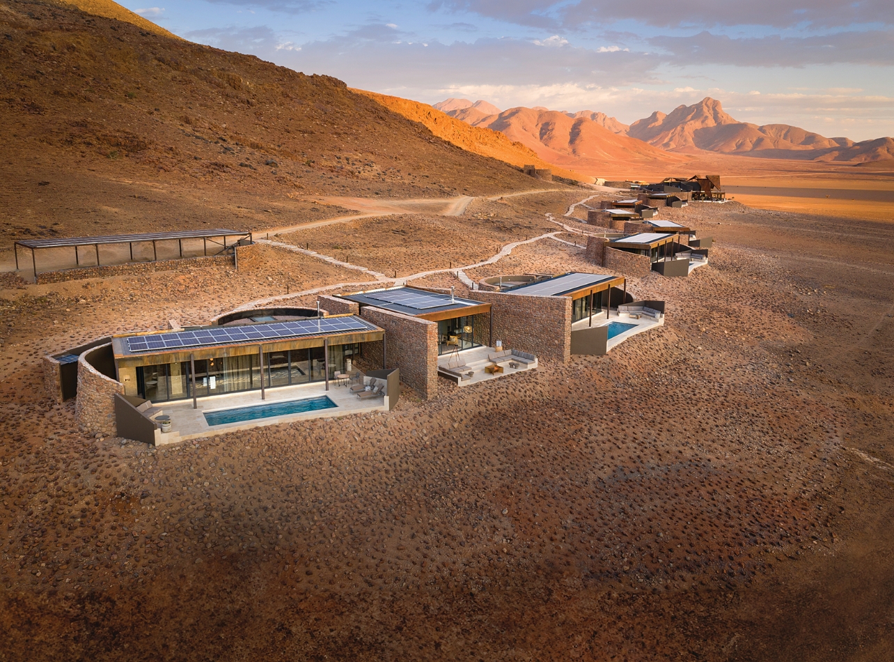Aeriel view of villas with private pools at And Beyond Sossusvlei, Namibia