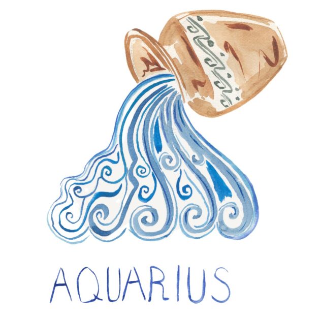 Illustration of Aquarius astrology symbol featuring water coming out of a vase