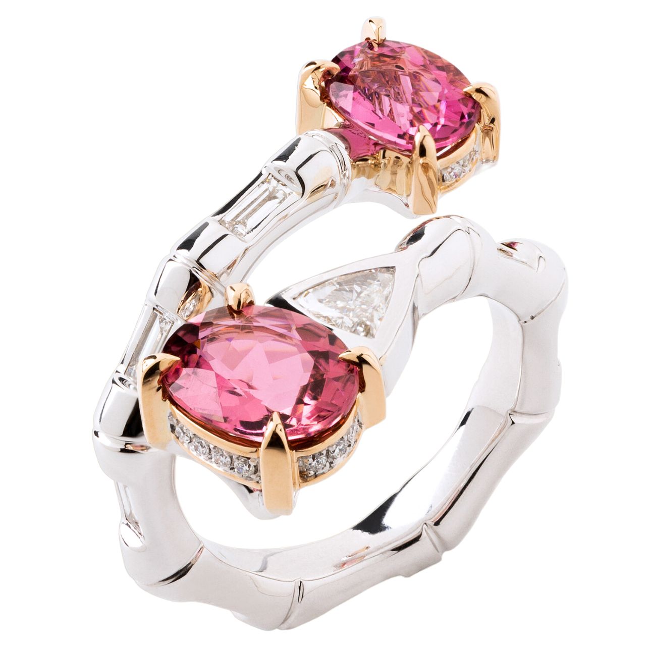Bamboo ring in pink tourmaline set with white diamonds.