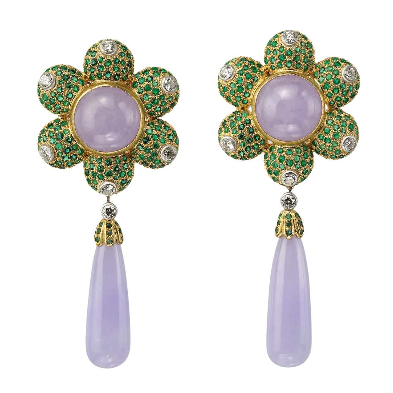 Colored cocktail earrings in 18k yellow and white gold set with jade, emeralds, and diamonds.