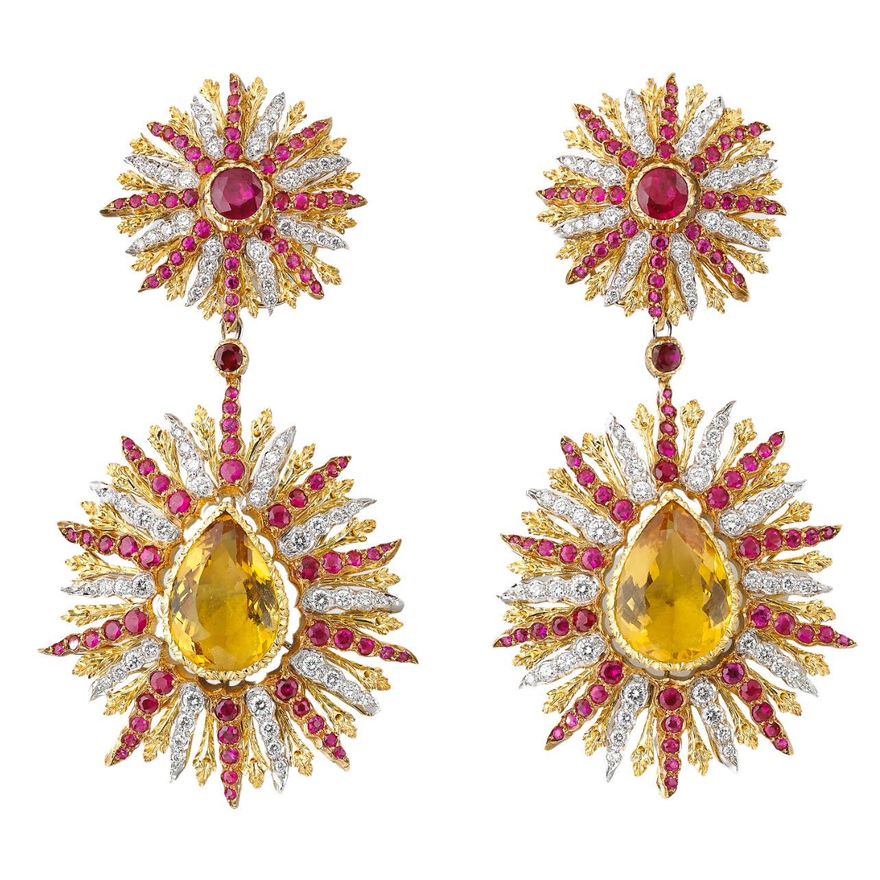 Colored cocktail earrings in 18k yellow, white, and pink gold set with a 10-carat heliodor, rubies, and brilliant-cut diamonds.