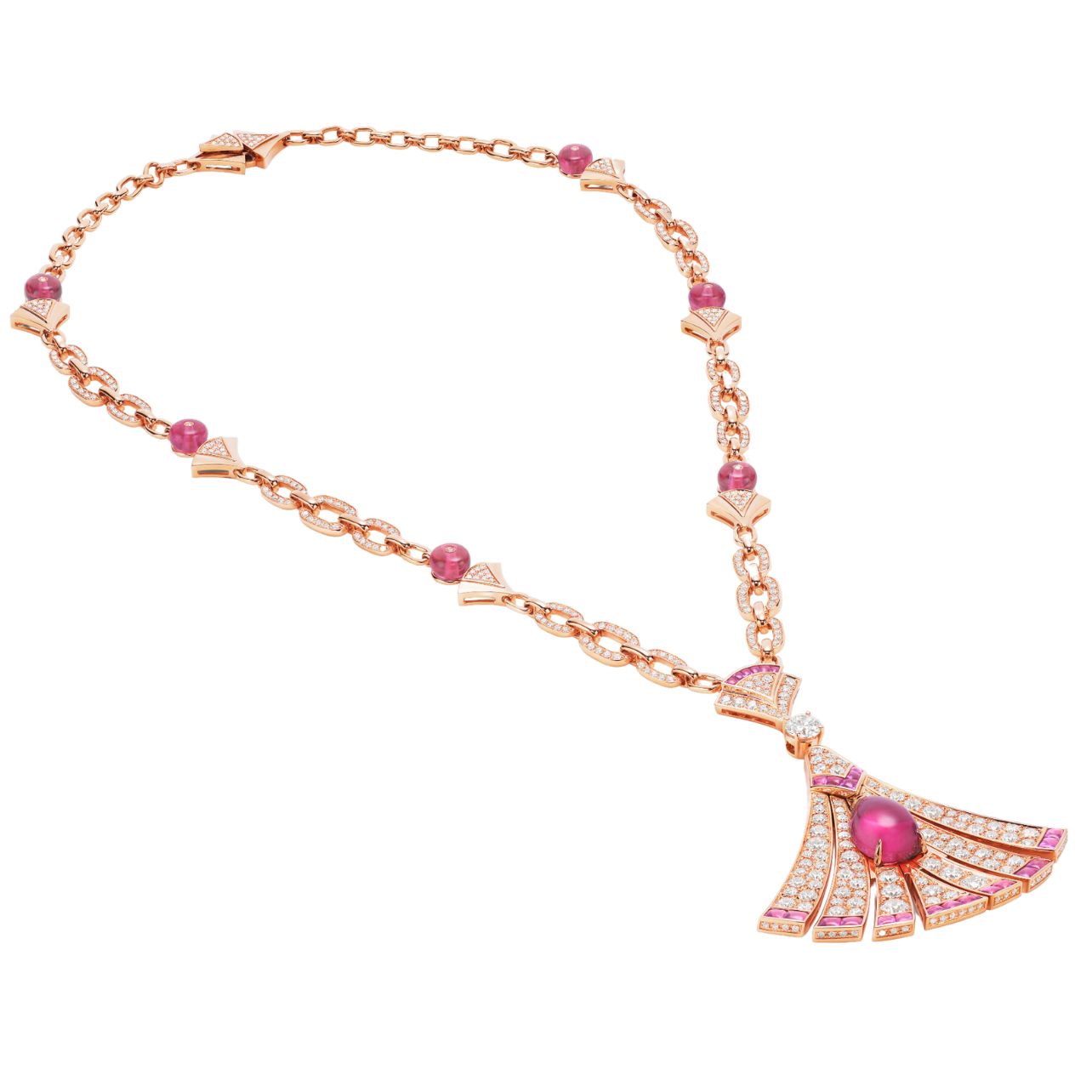 Divas’ Dream necklace in 18k rose gold set with rubellites, 4.57 carats of diamonds, and mother-of-pearl element.