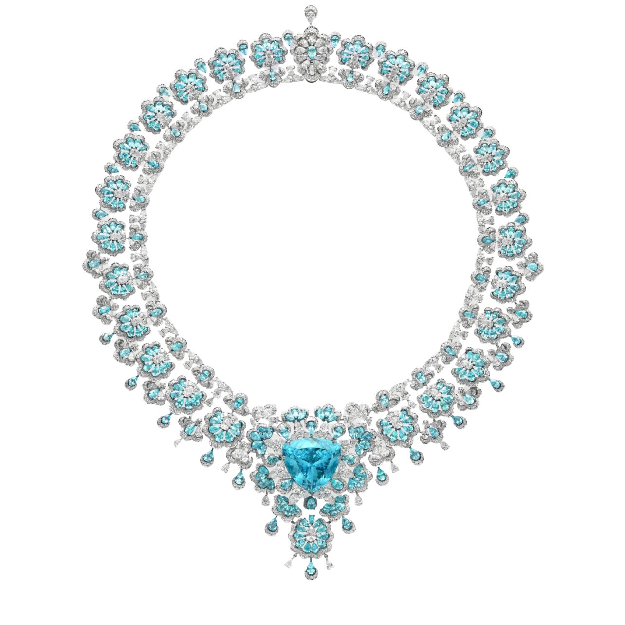 Haute Joaillerie Collection necklace featuring a 34.63-carat triangle-cut paraíba tourmaline, 35.77 carats of paraíba tourmalines, and 43.38 carats of diamonds set in 18k white gold and titanium.