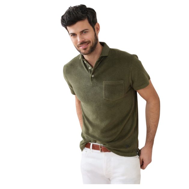 Male model wearing Cremieux terry polo in faded olive