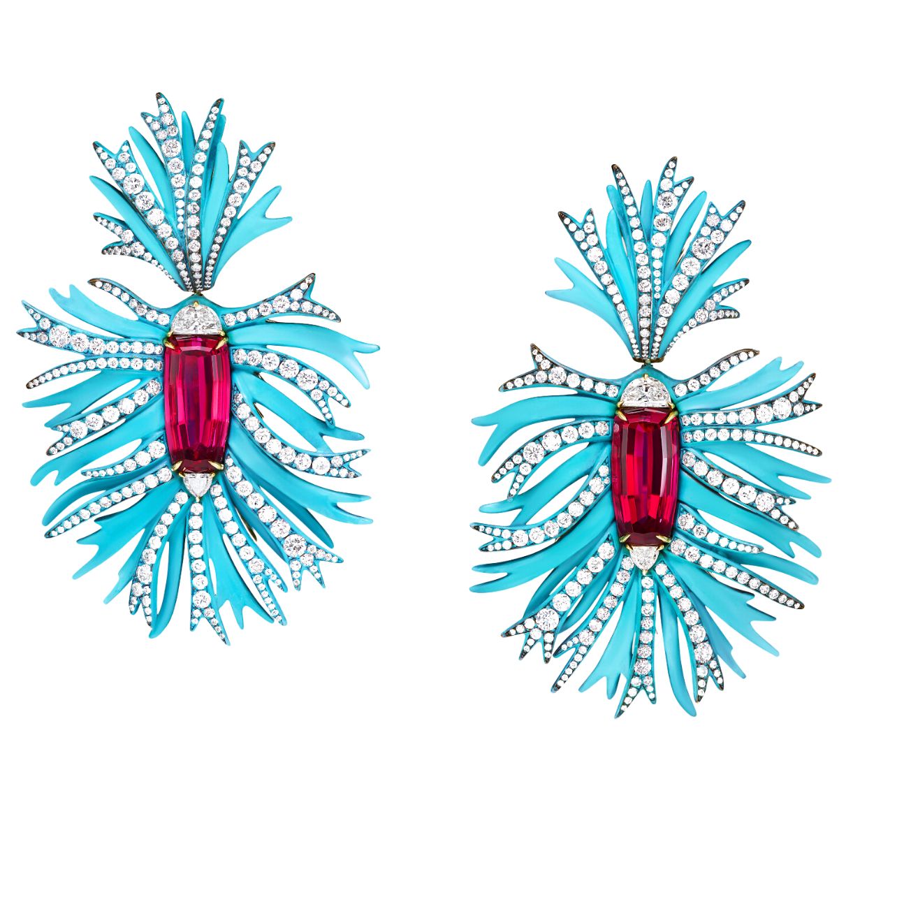 High Jewelry Dianthus 18k yellow gold earrings with rubellite and diamonds.