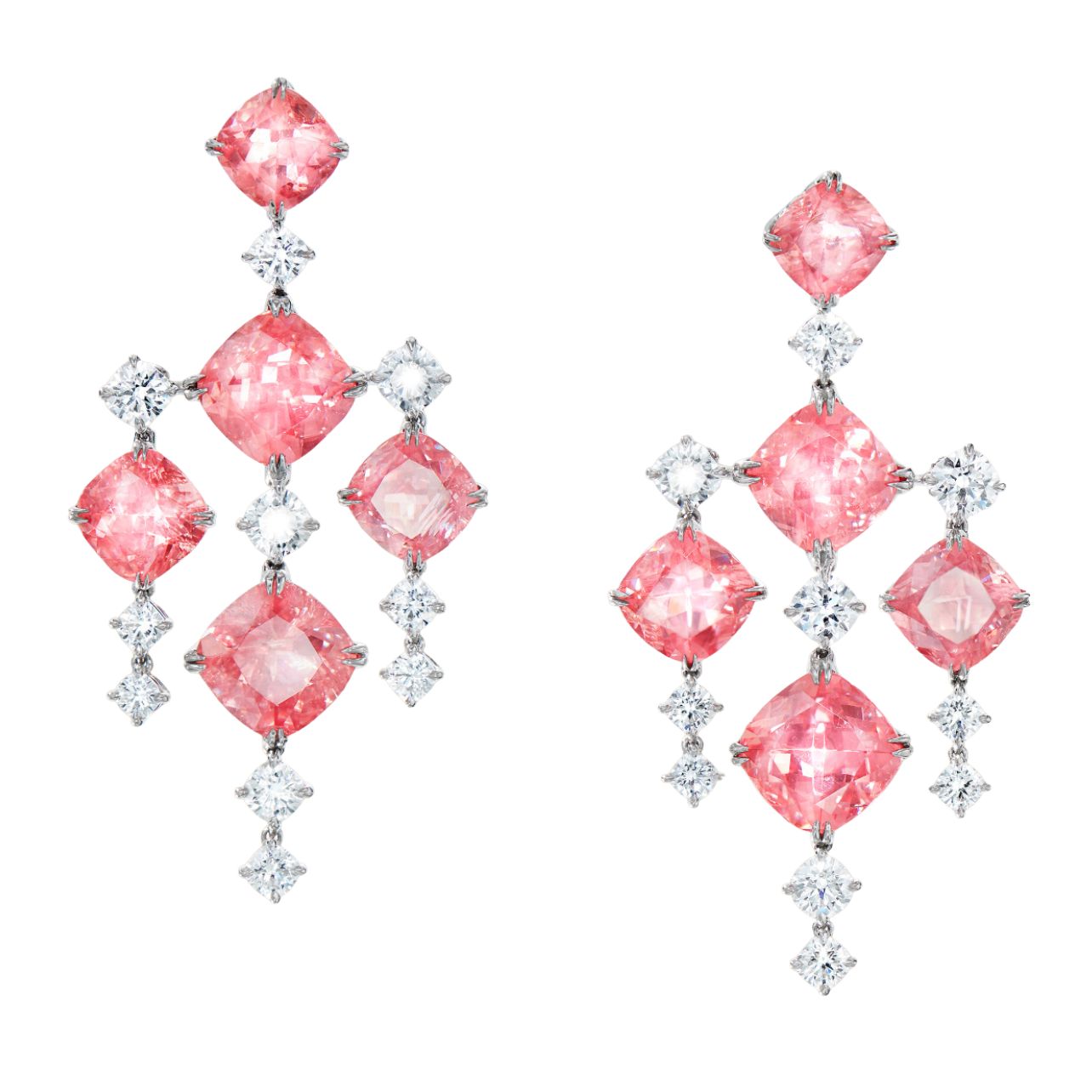 High Jewelry Lumina chandelier earrings in platinum set with rhodochrosite and diamonds.