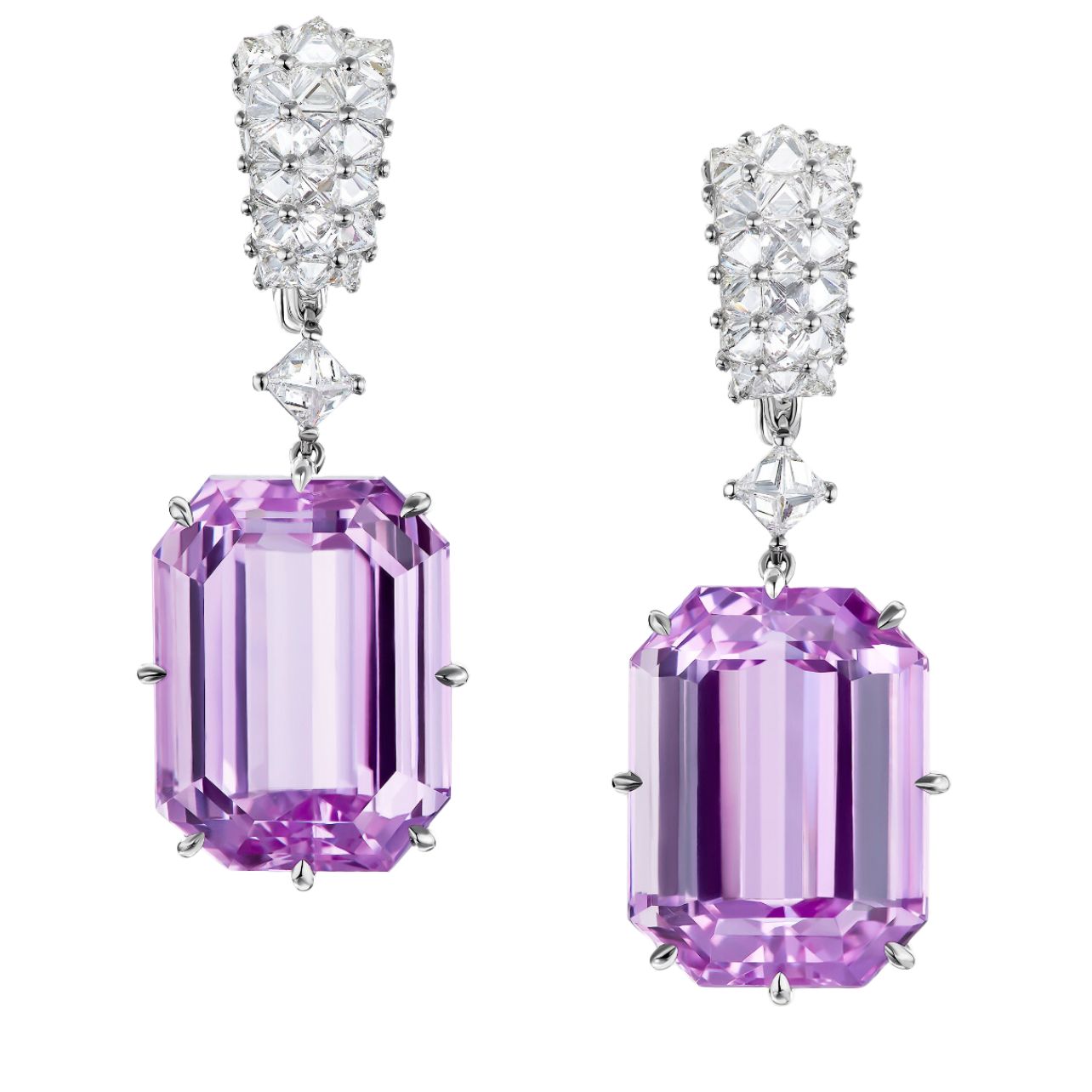 High Jewelry Reverse Set drop earrings with kunzites and white diamonds.