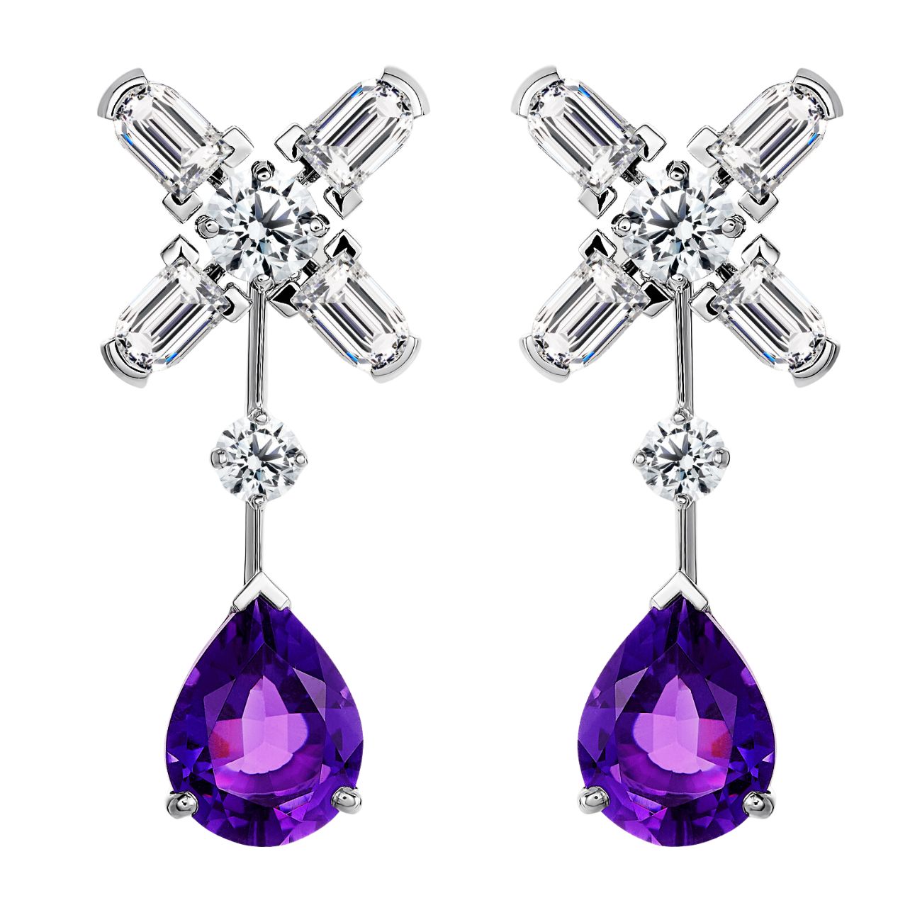 Arch Florale MM stud earrings in 18k white gold with signature arch-cut diamonds, brilliant diamonds, and removable amethyst pear drops.
