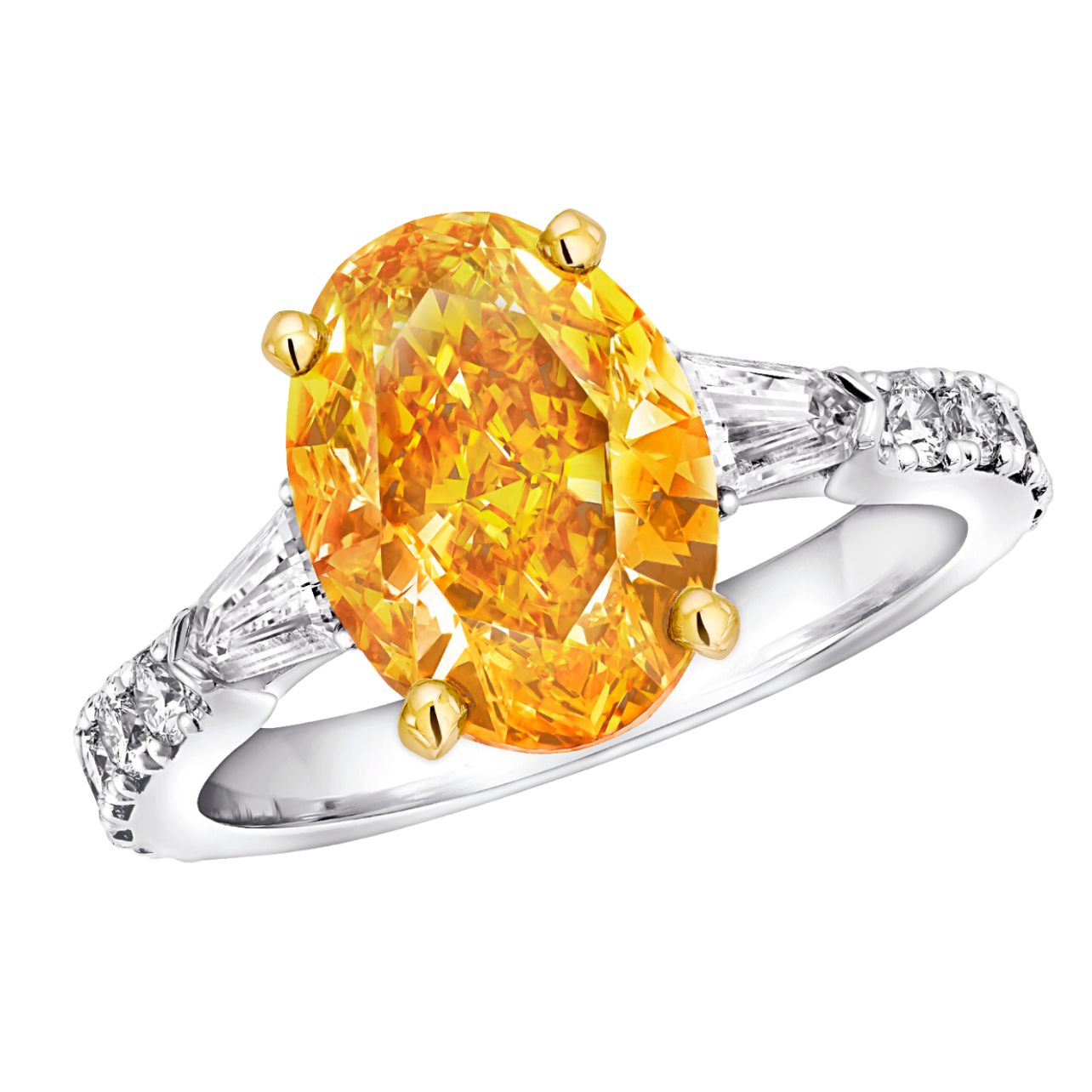 Promise ring featuring a yellow diamond with white diamond shoulders set in platinum and yellow gold.