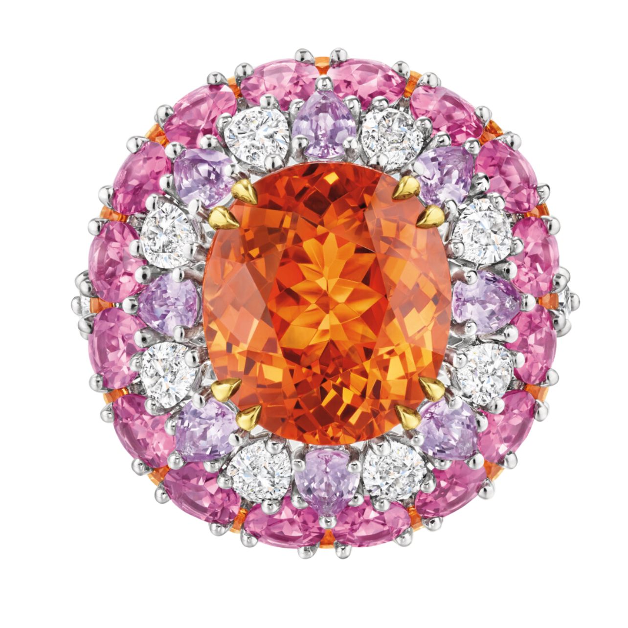 Winston Candy ring in platinum and 18k yellow gold featuring an orange spessartine garnet, pink sapphires, rubellites, and diamonds.