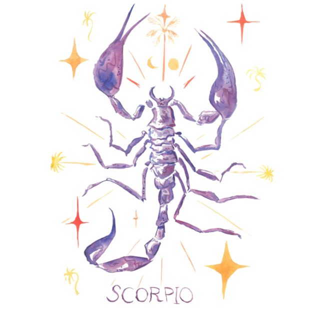 Illustration of Scorpio astrology symbol featuring a scorpion in purple