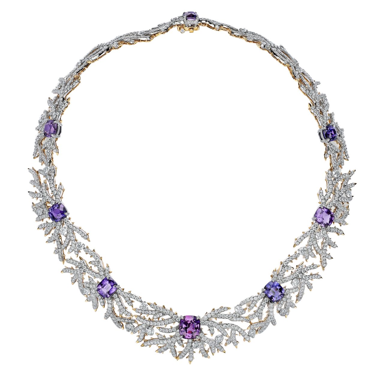 Necklace in platinum and gold featuring unenhanced purple sapphires and diamonds from the 2023 Blue Book Collection.