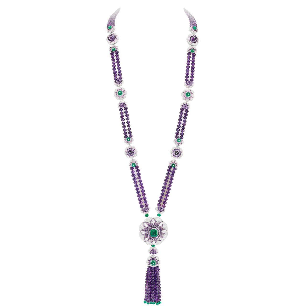 Delphinium necklace featuring a 5.33-carat emerald-cut emerald, pink sapphires, amethysts, and diamonds set in 18k white gold and platinum.
