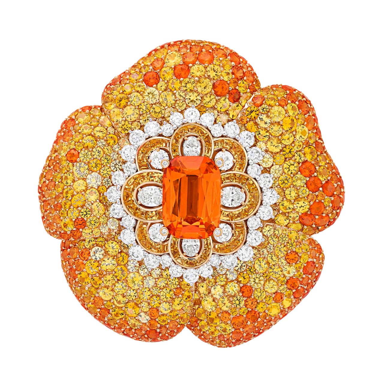 Fleur de Soleil clip featuring an 11.22-carat cushion-cut spessartine garnet, yellow sapphires, spessartine garnets, and diamonds.