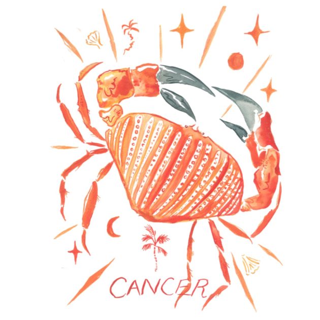Illustration of Cancer astrology symbol featuring a crab in red