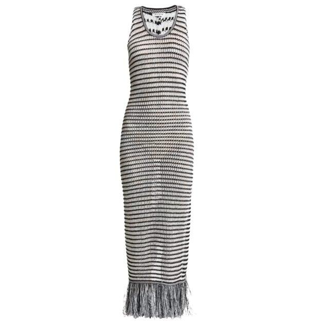 Alaia striped crotchet-knit sleeveless maxi dress with fringe hem