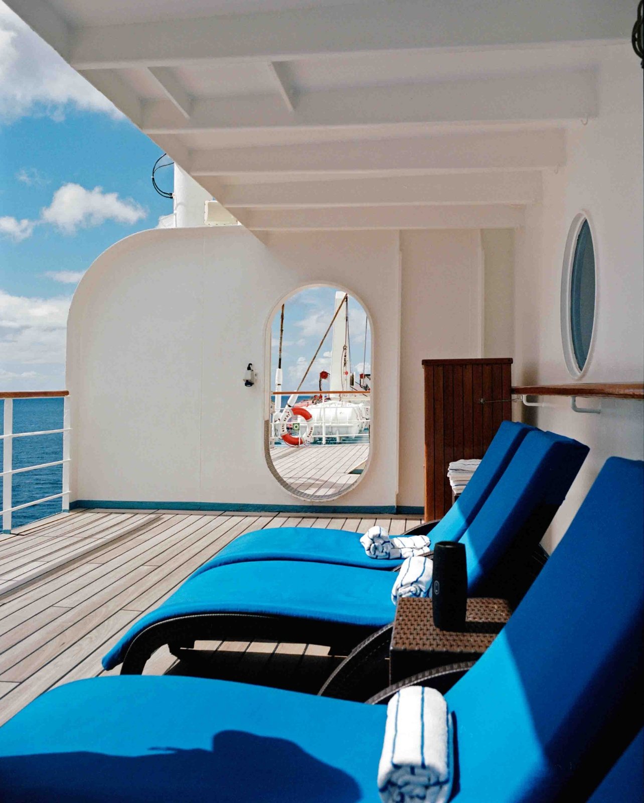 Windstar Cruises’ Wind Spirit blue lounge chairs aboard