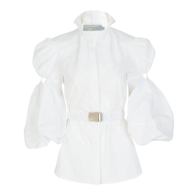 Silvia Tcherassi white blouse with puff sleeves and silver clasp belt