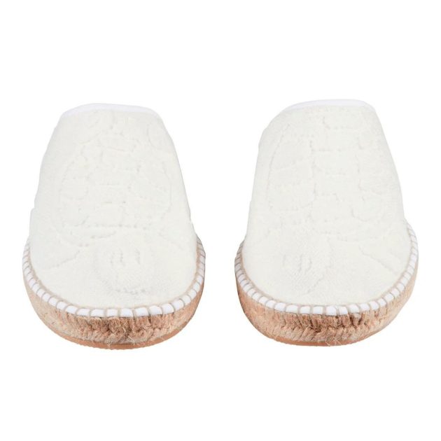 Vilebrequin white terry espadrilles with turtle pattern on the top and canvas trim on bottom