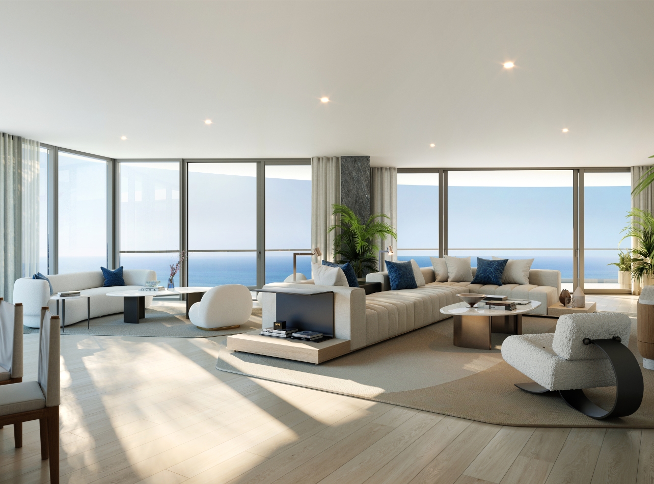 Rivage Bal Harbour condominium unit living room with couches and floor to ceiling windows with ocean views