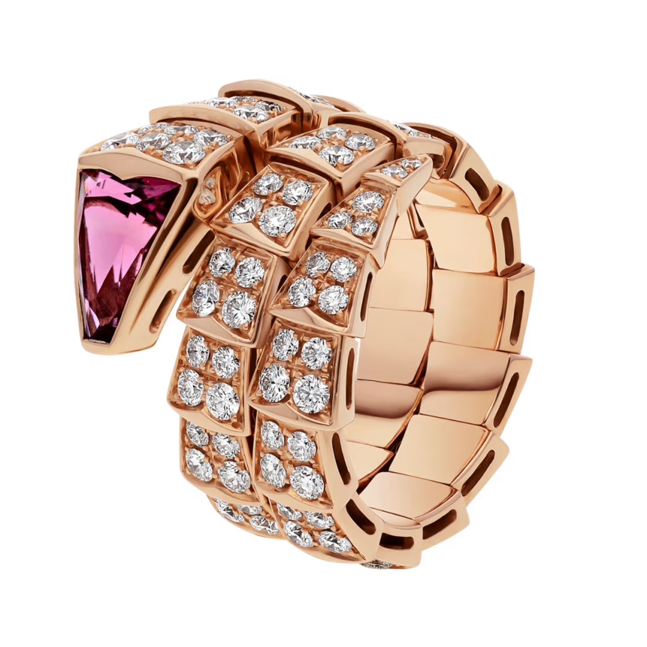 Bulgari serpenti viper ring in rose gold with pave diamonds and rubellite on the head