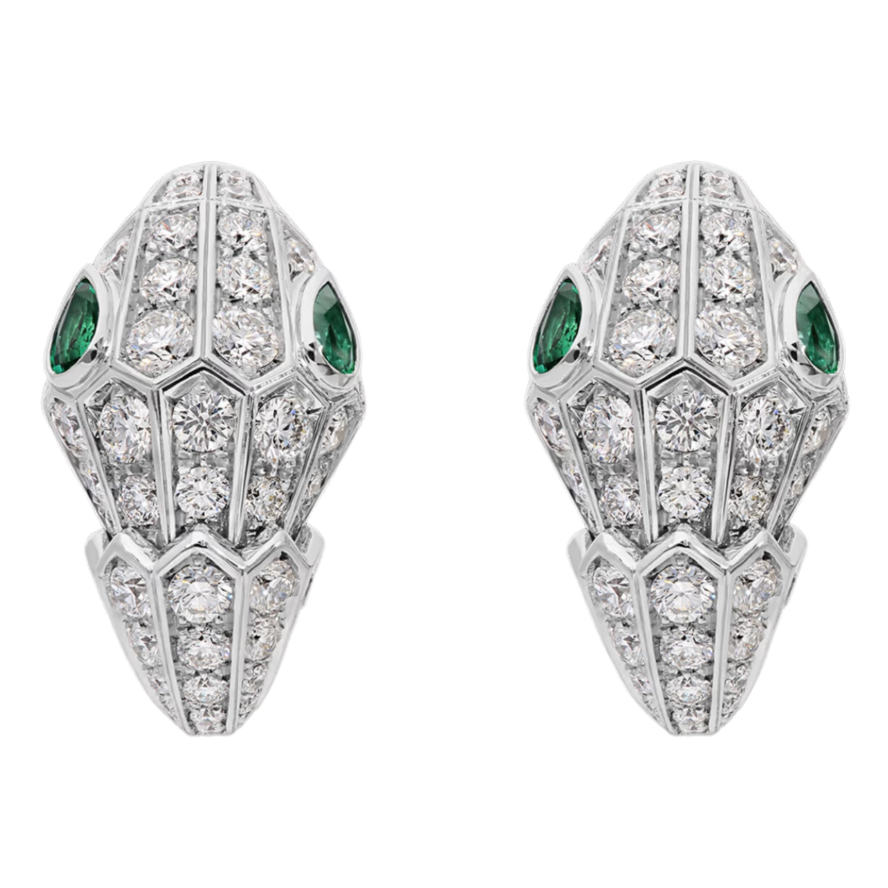 Bulgari serpenti earrings in 18k white gold with emerald eyes and pave diamonds