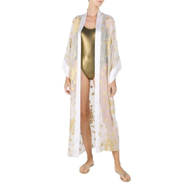 Marie France Van Damme white printed kimono with gold detailing on model