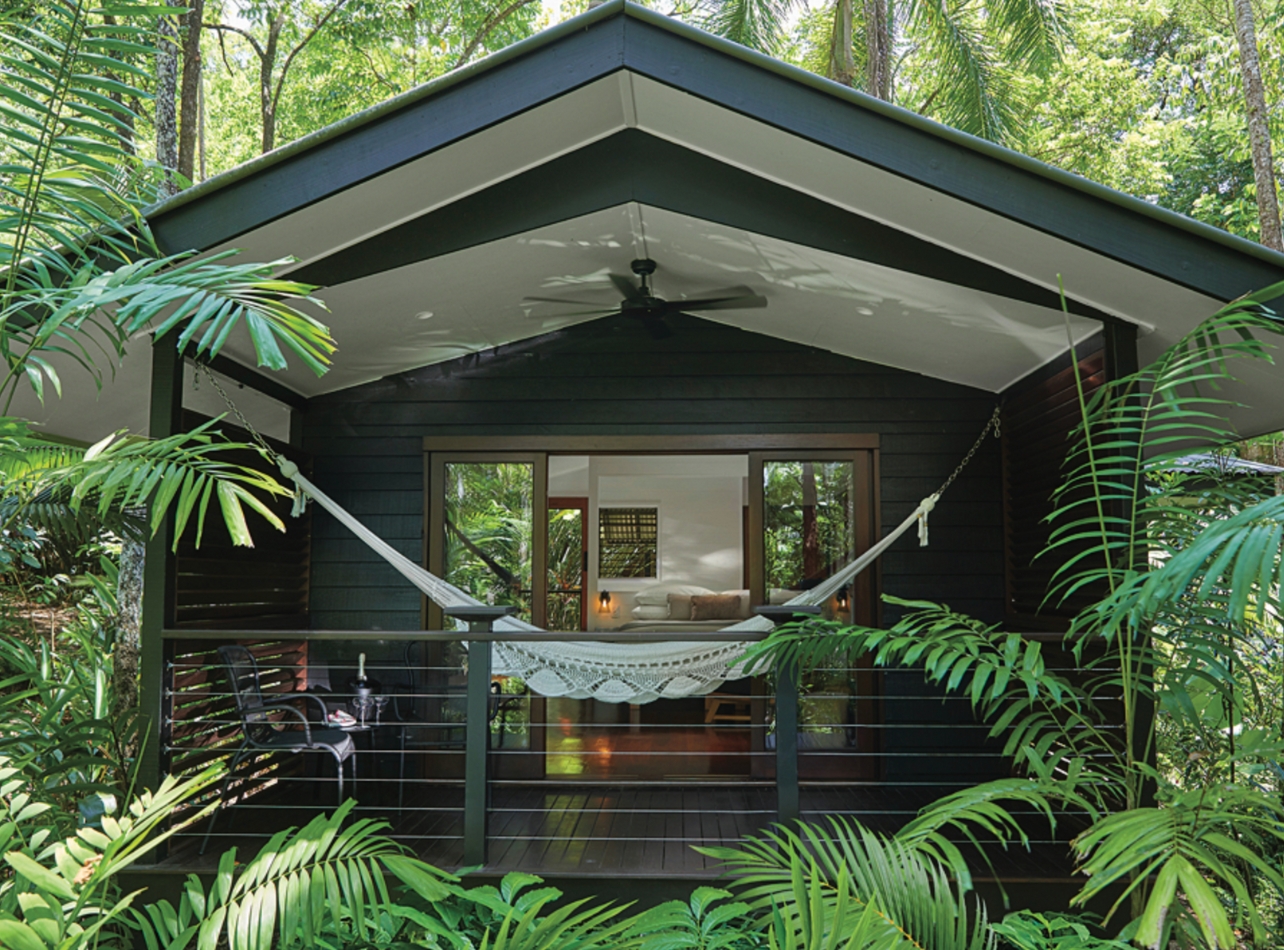 Lodge in the middle of forest with a hammock on the back porch