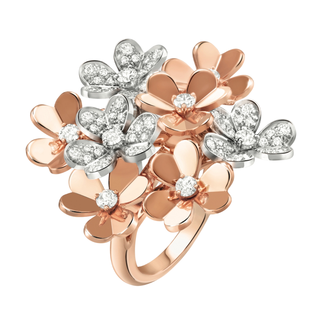 Van Cleef & Arpels frivole ring with eight rose and white gold flowers with diamonds