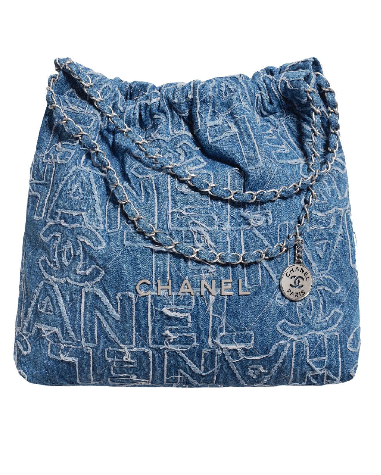 Chanel blue denim bag with metal chain handles