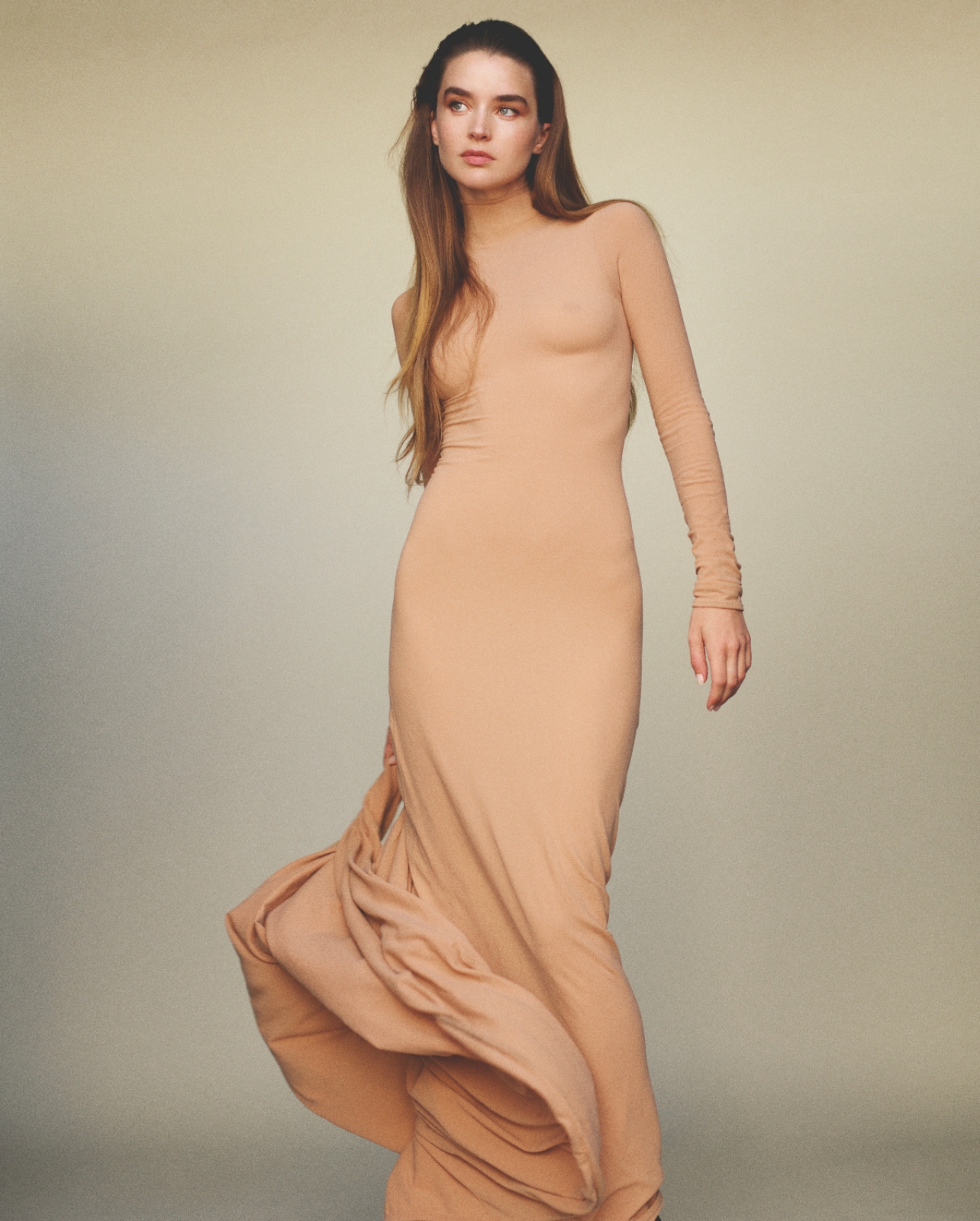 wearing Balenciaga nude long dress