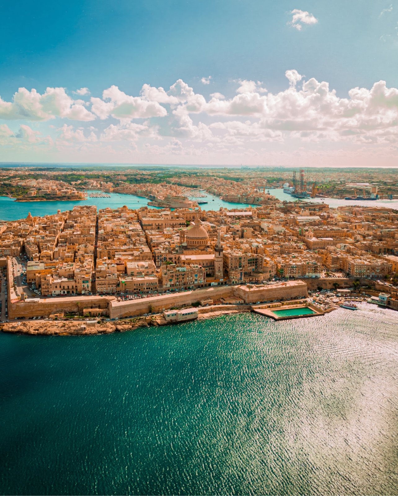 Aerial view of Valletta old town and ocean view