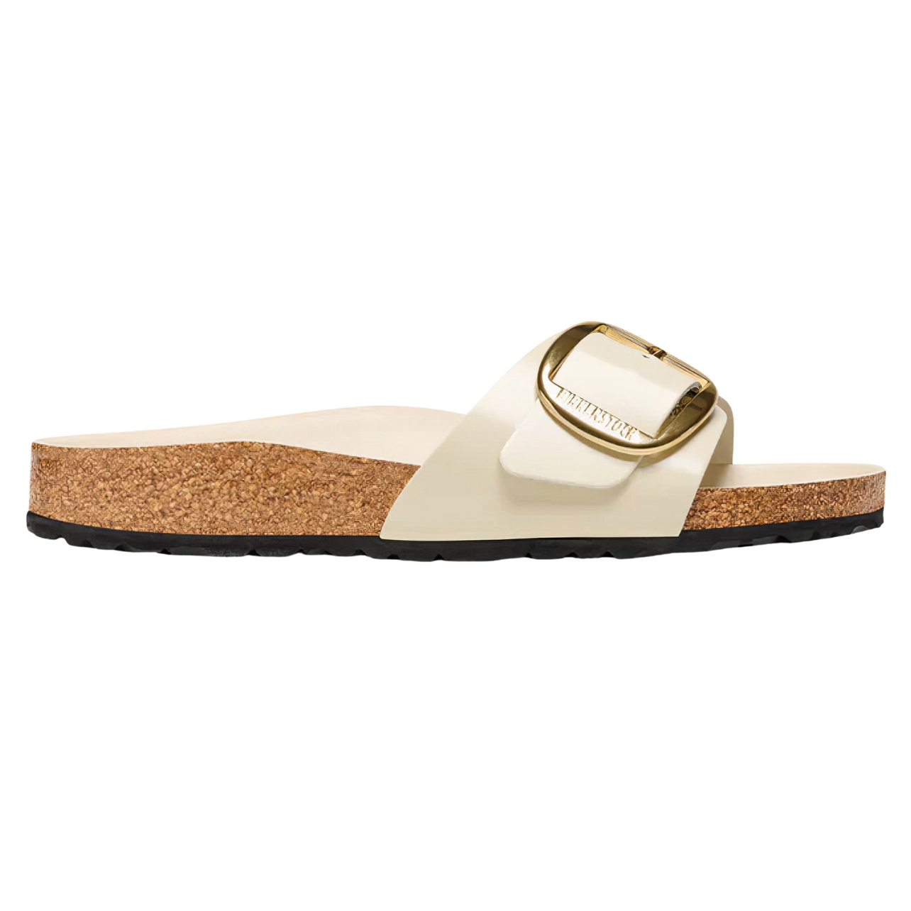 Addict Birkenstock cream sandals with big gold buckle