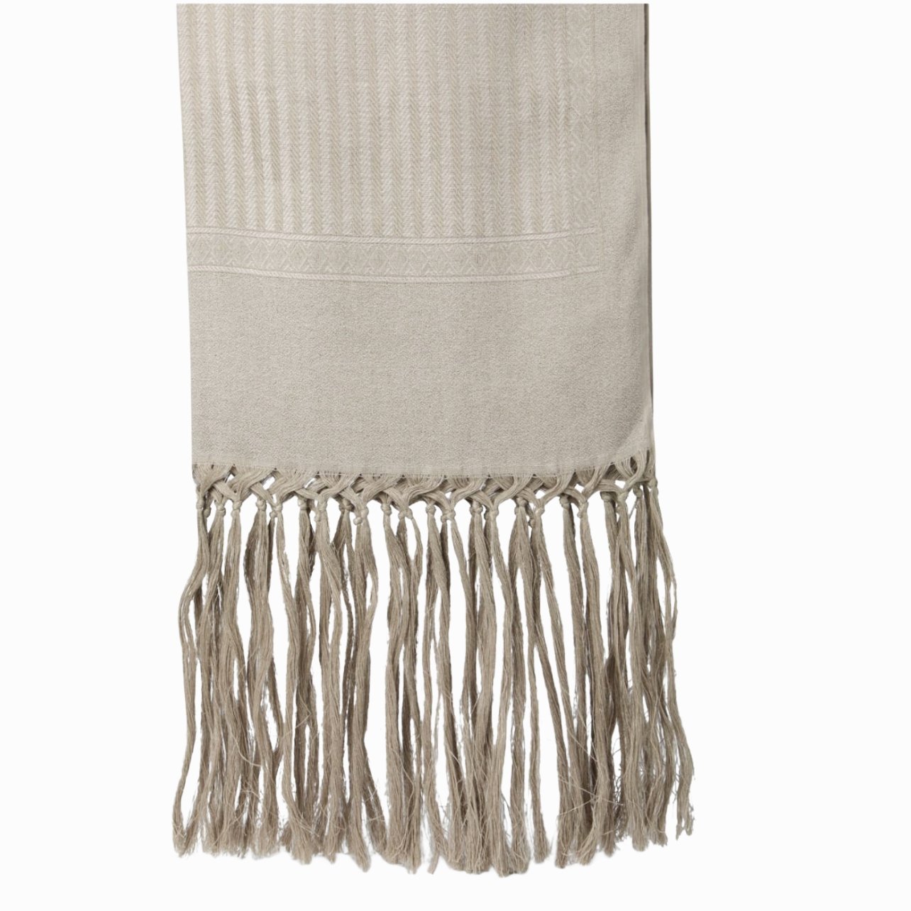 Brunello Cucinelli gray chevron towel with fringe on the ends