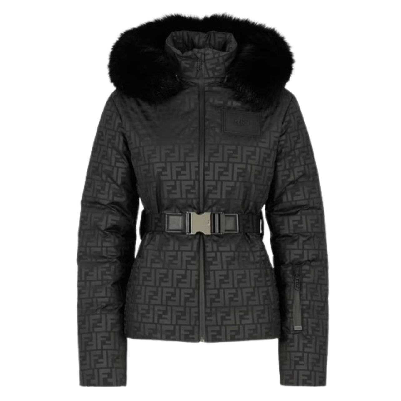 Fendi logo nylon down jacket with fur collar