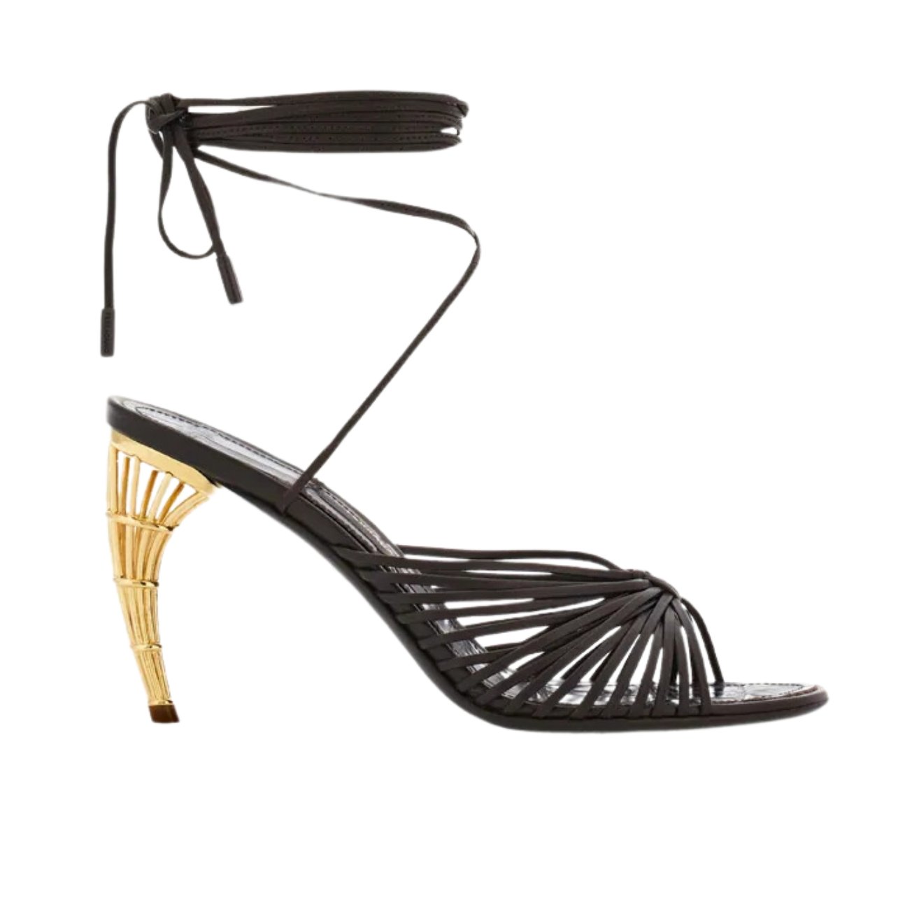 Ferragamo brown strappy heeled sandal with cage heel in gold